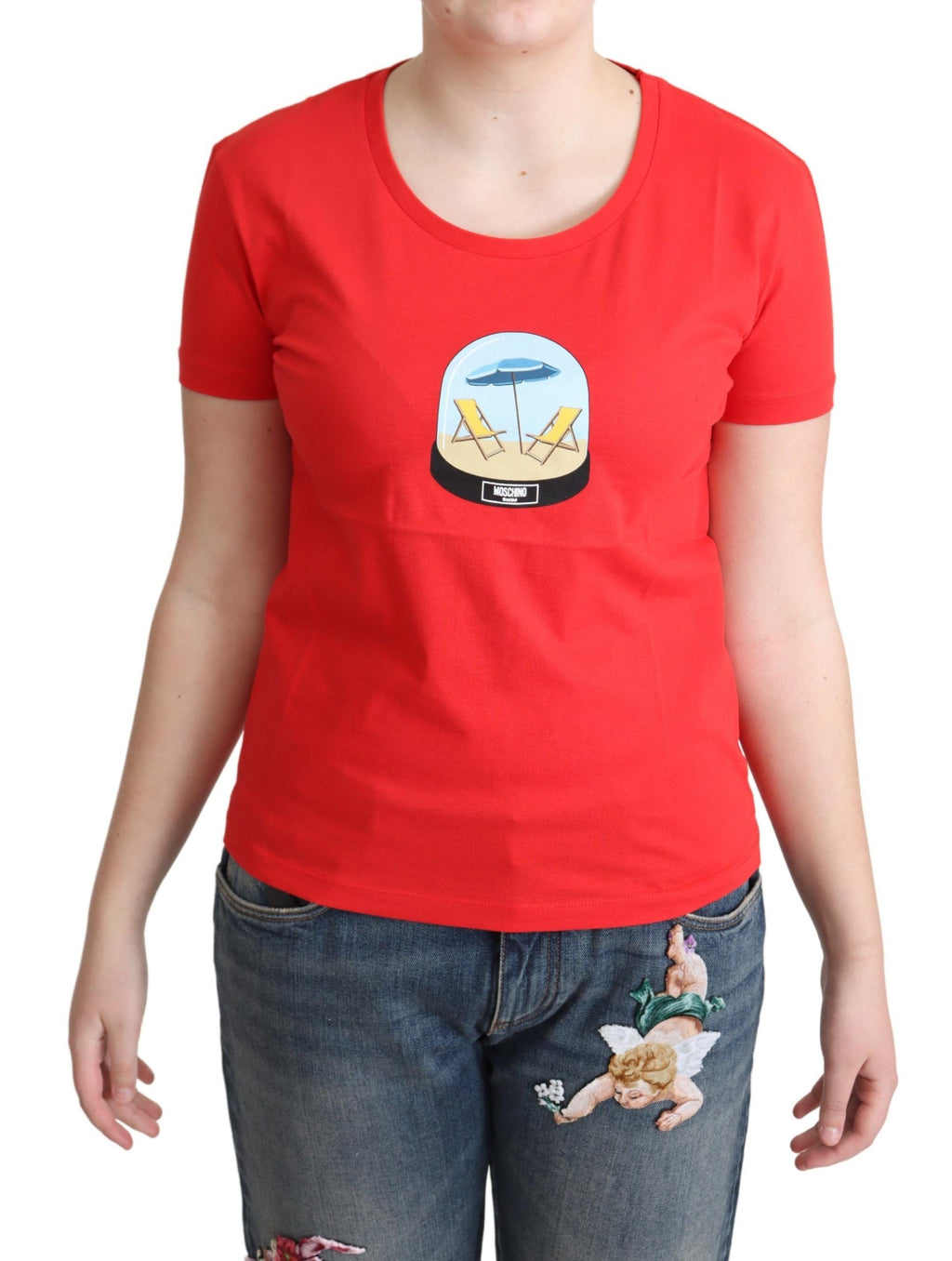 Moschino Red Printed Cotton Short Sleeves Tops Blouse T-shirt