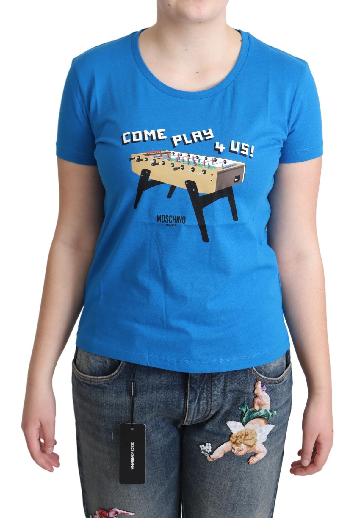 Moschino Blue Cotton Come Play 4 Us Print T-shirt