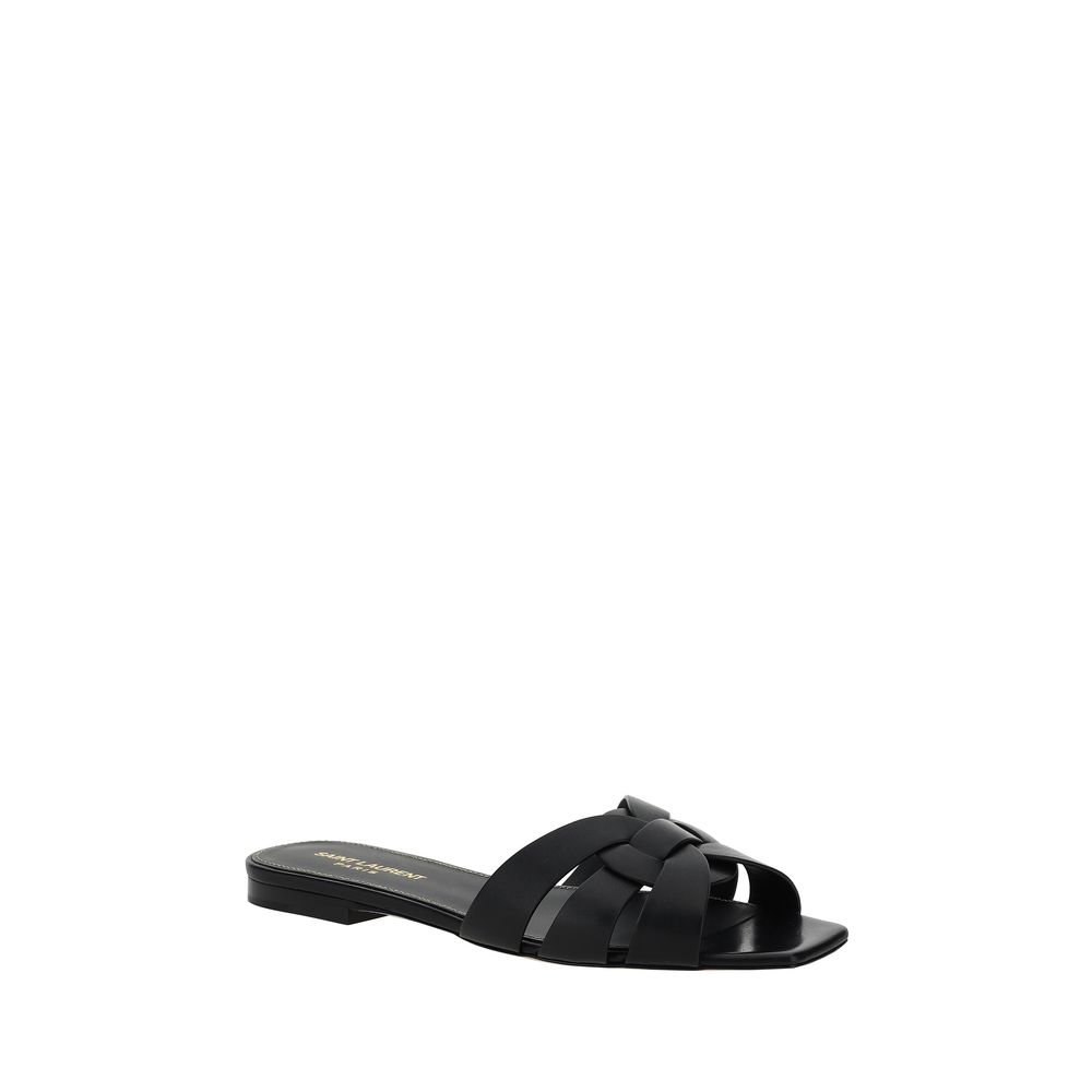 Saint Laurent Black Calf Leather Bos Taurus Flat Sandals